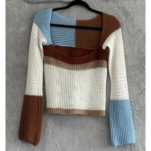 Crochet Top Bell Sleeve Square Neck Colorblock Open Knit Festival Indie Womens L